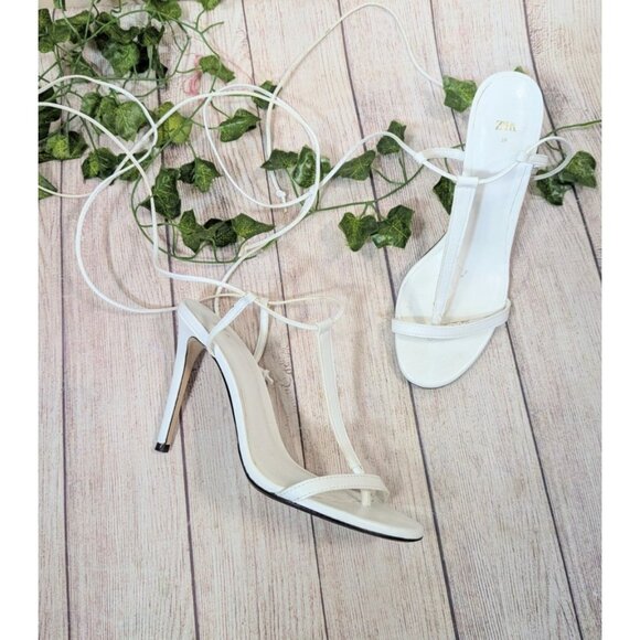 ZARA Women's LEATHER STRAPPY HEELS Wrap Around Tie Around WHITE SIZE 39 - Picture 1 of 6